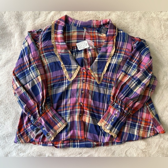 NWT Free People Bexley Plaid Blouse Puff Sleeve Peter Pan Collar Size M - Picture 10 of 12